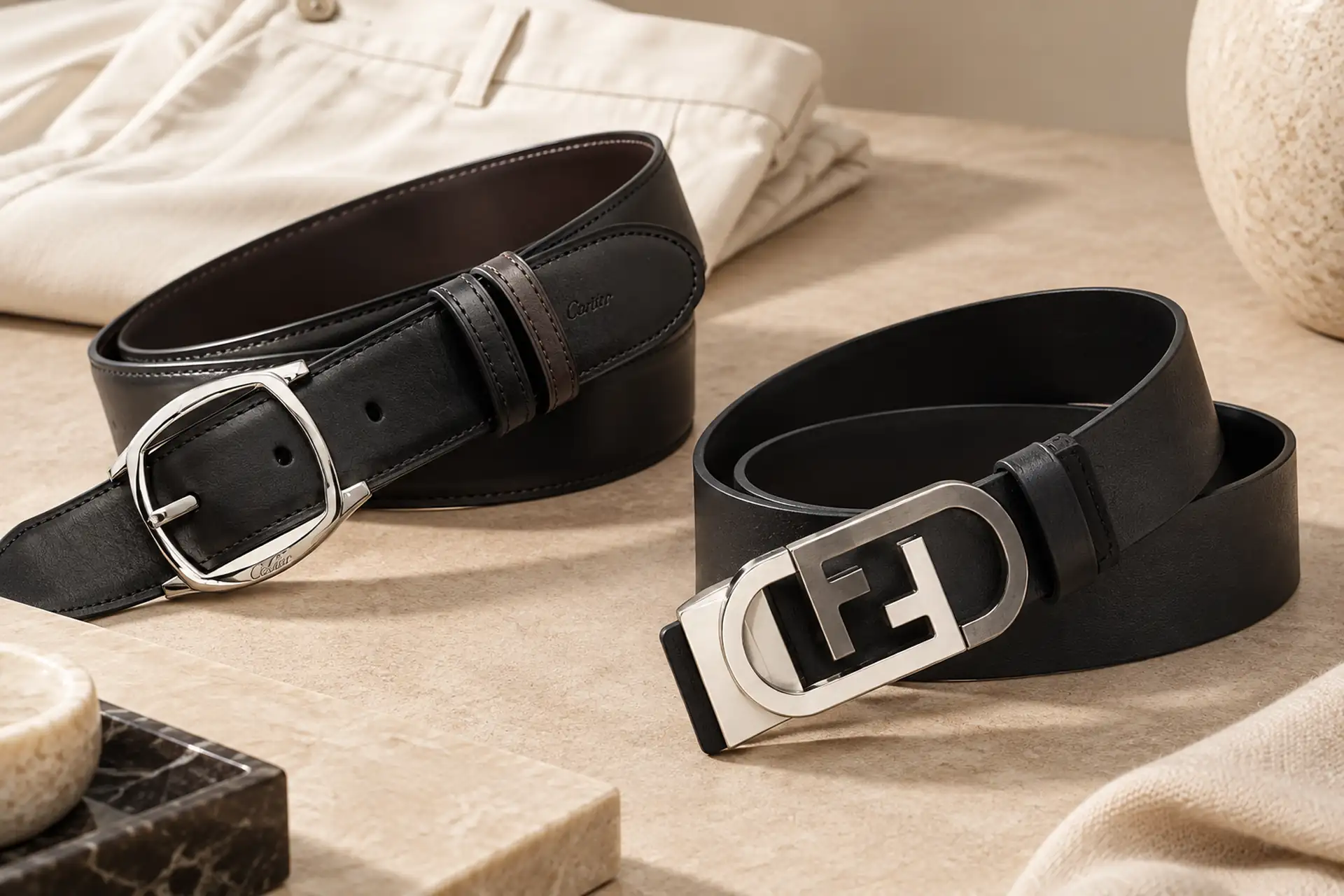Чёрные мужские ремни Cartier и Fendi O’Lock с серебристыми пряжками на светлом столе