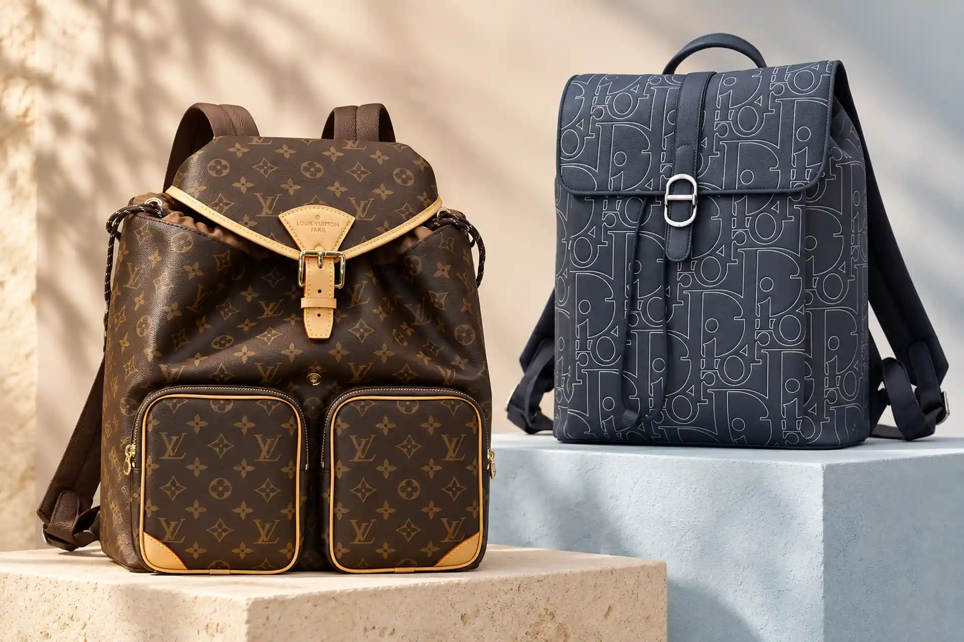 Коричневый рюкзак Louis Vuitton Montsouris Cargo и тёмно-синий Dior Daily Backpack with Flap