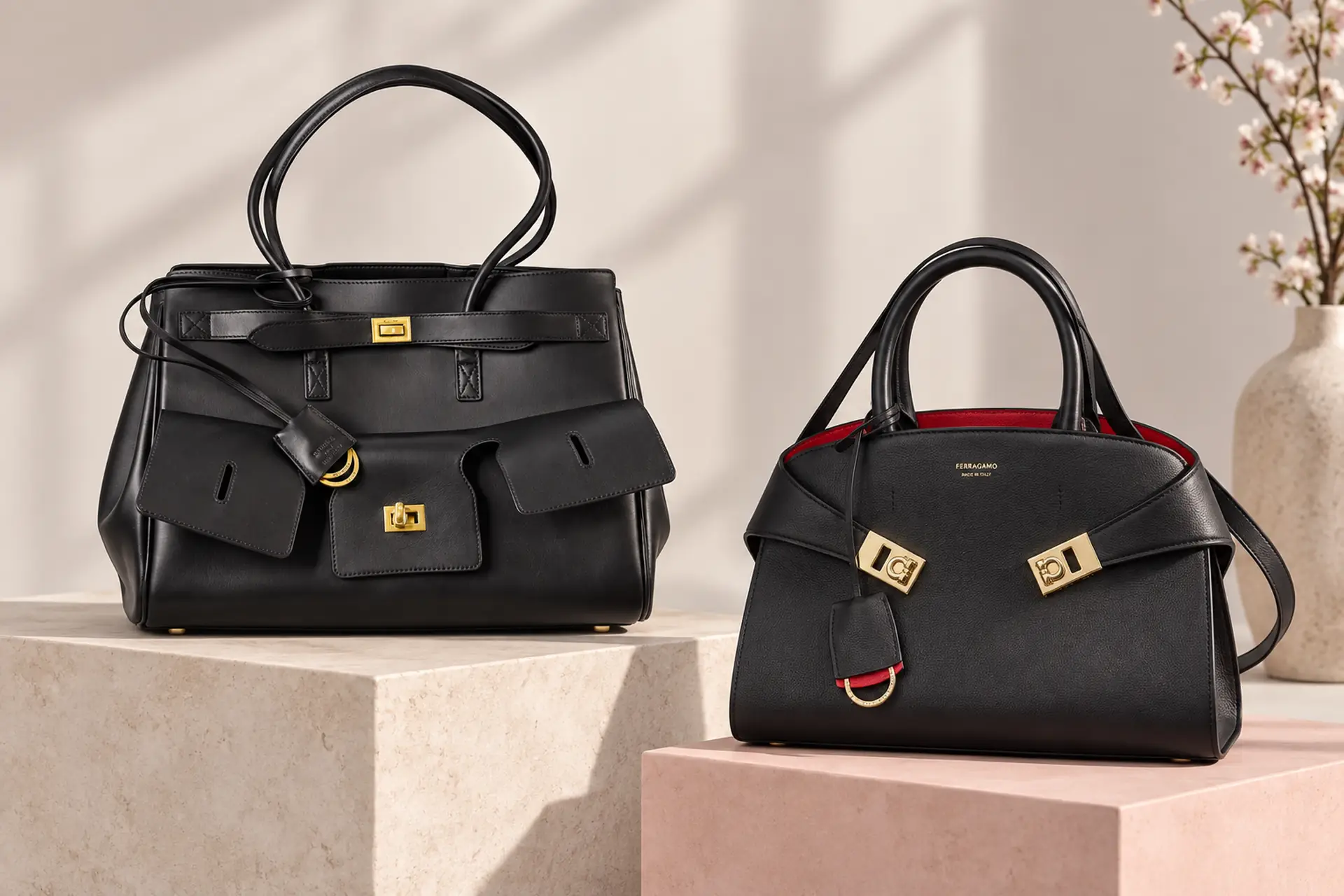 Чёрные женские сумки Balenciaga Rodeo и Salvatore Ferragamo Hug на пастельных подиумах