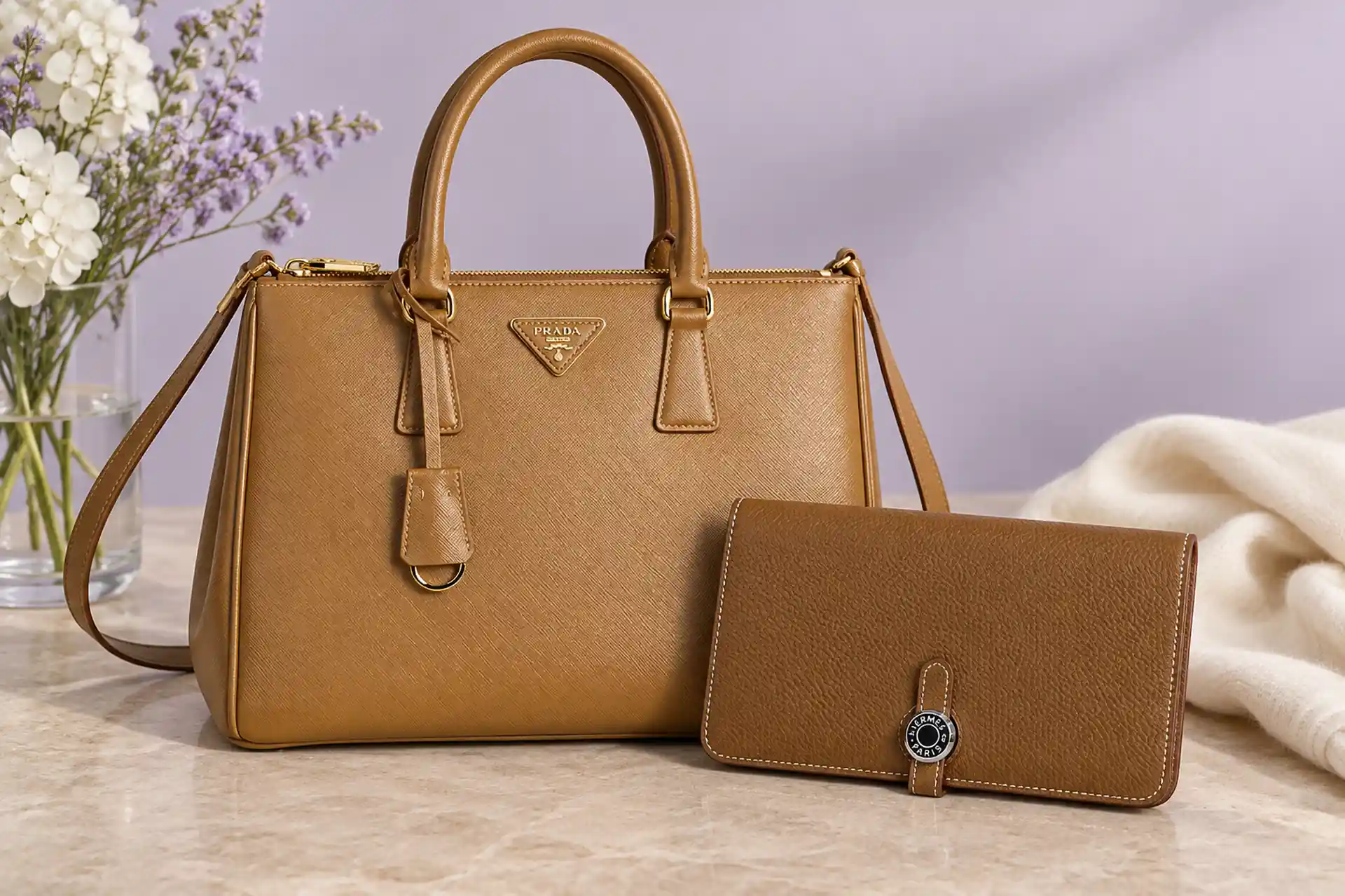 Карамельная сумка Prada Galleria и коричневый кошелёк Hermès Dogon Duo на светлом столе