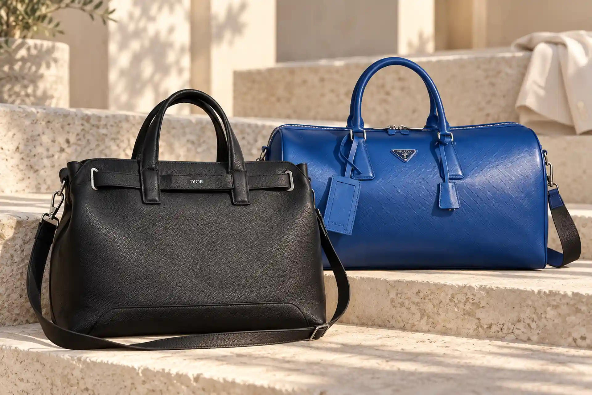 Мужские дорожные сумки Prada и Dior в светлой fashion-композиции