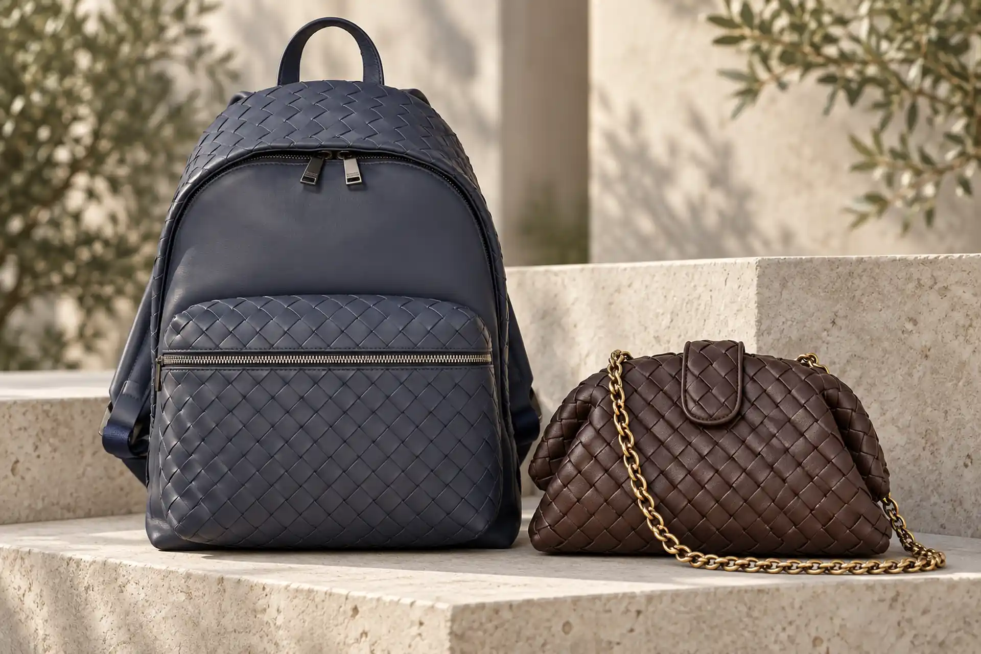 Женская сумка и мужской рюкзак Bottega Veneta в пастельной fashion-композиции