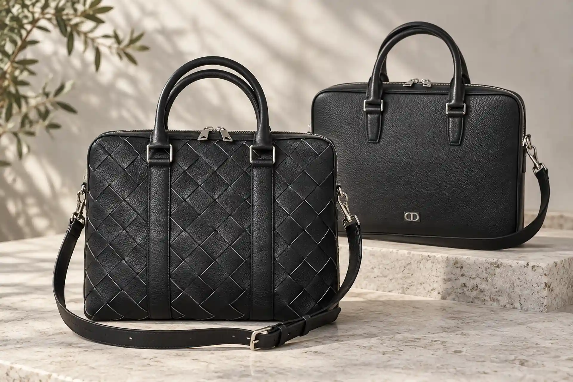 Чёрные мужские портфели Bottega Veneta и Dior в светлой студийной композиции