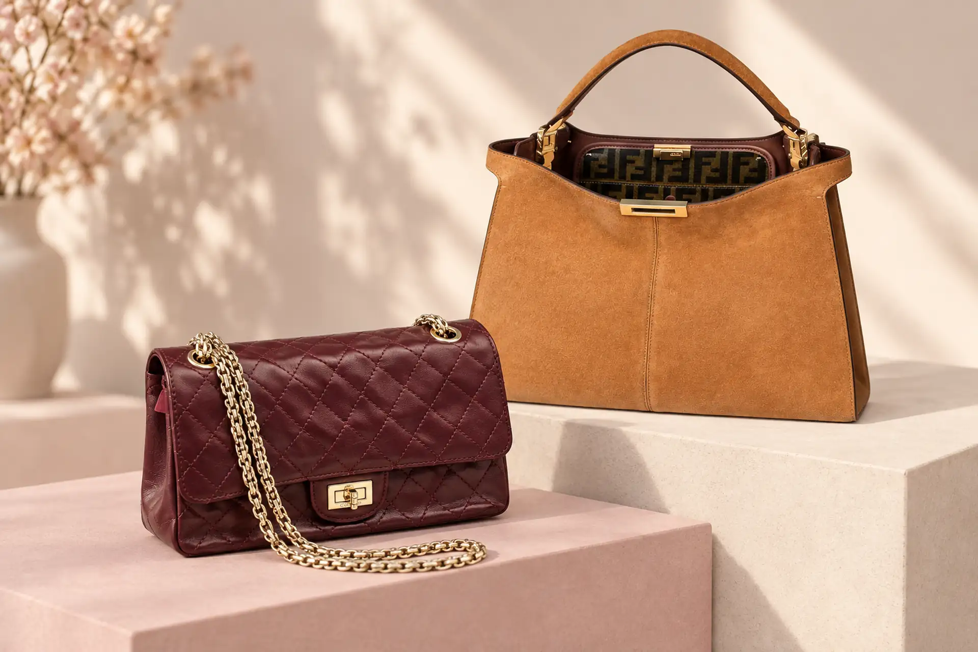 Бордовая Chanel 2.55 и рыжая Fendi Peekaboo в женской fashion-раскладке