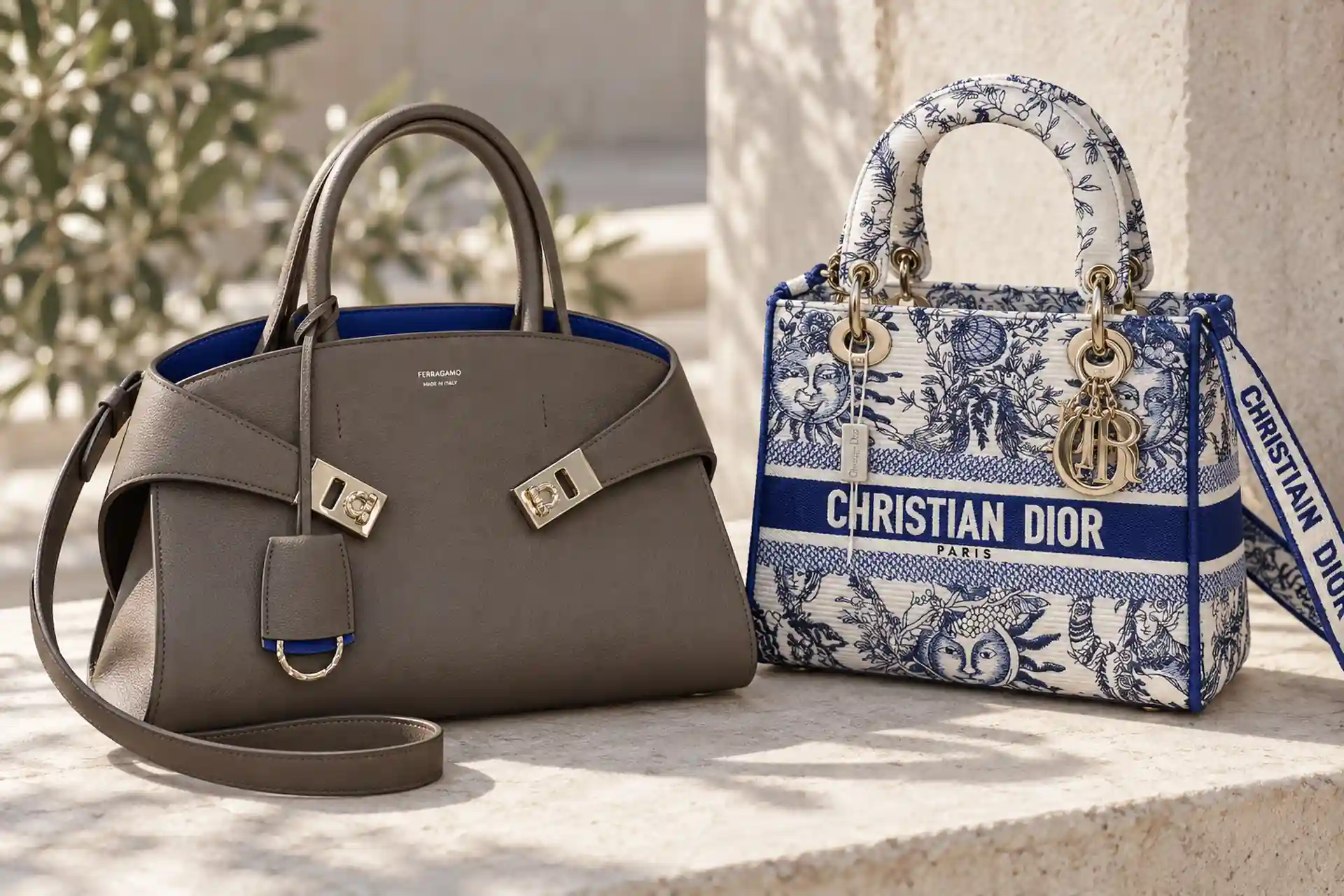 Женские сумки Salvatore Ferragamo Hug и Dior Lady D-Lite в светлой пастельной композиции