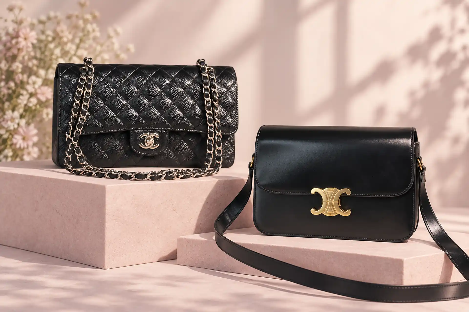 Чёрные женские сумки Chanel Classic Flap и Celine Triomphe в fashion-композиции
