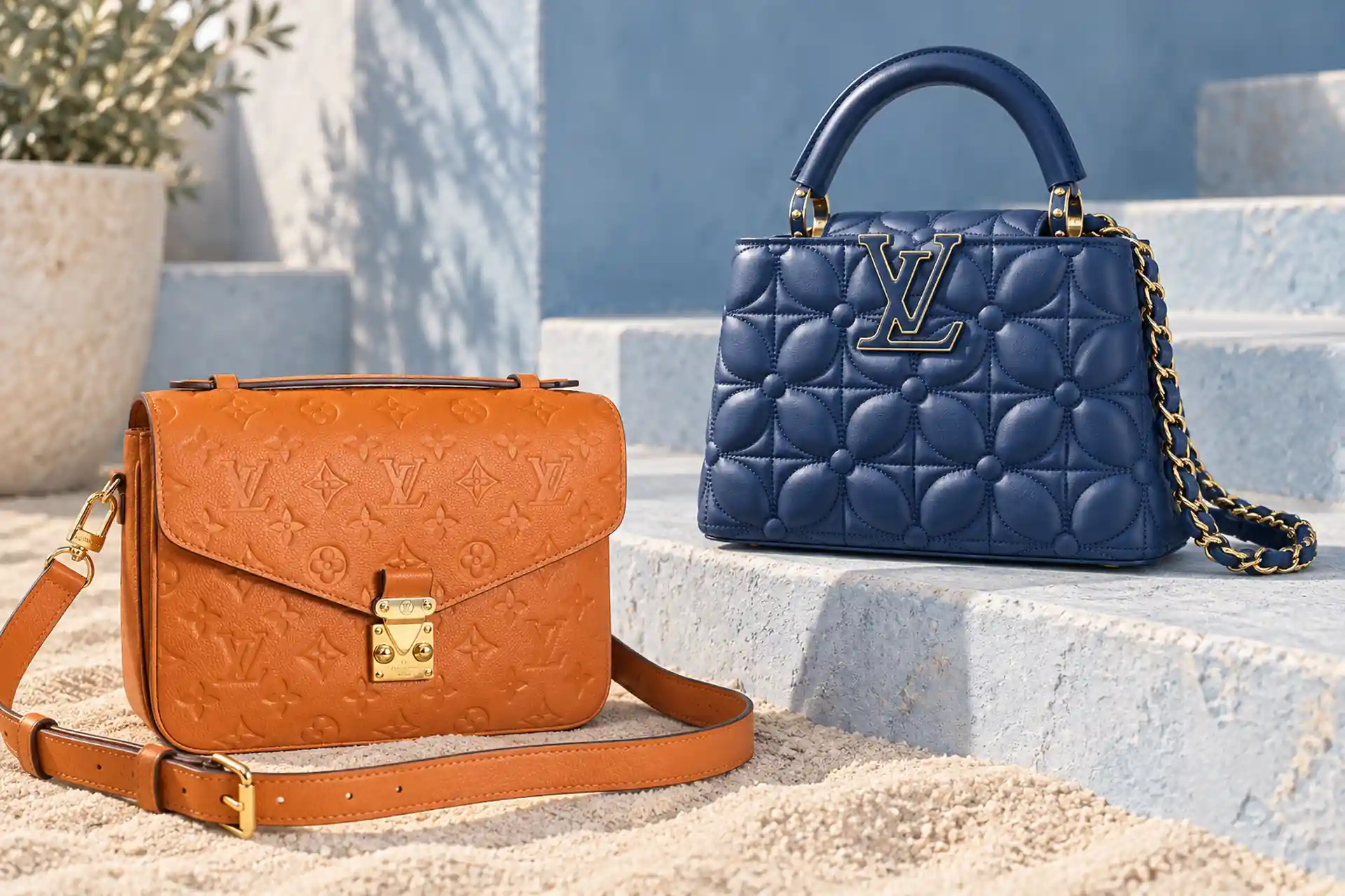 Женские сумки Louis Vuitton Pochette Métis и синяя Capucines в пастельной fashion-композиции