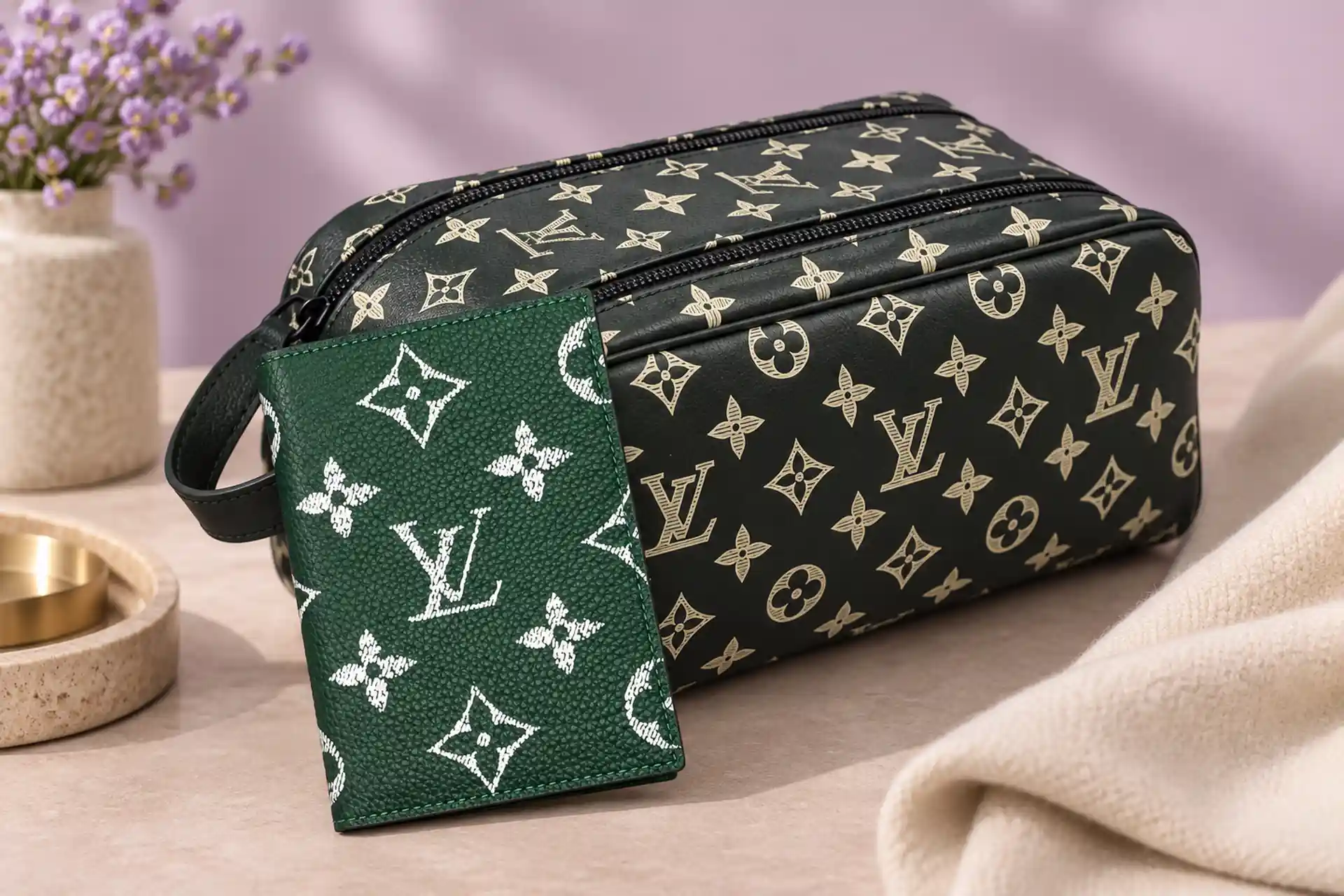 Зелёная обложка для паспорта и тёмно-зелёный несессер Louis Vuitton на пастельном фоне — купить брендовую одежду и аксессуары.