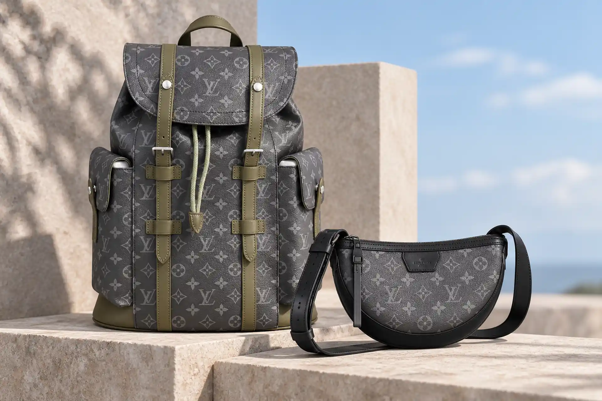 Сумка Louis Vuitton LV Moon Crossbody и серый рюкзак Christopher MM на каменных ступенях — купить брендовую одежду и аксессуары.