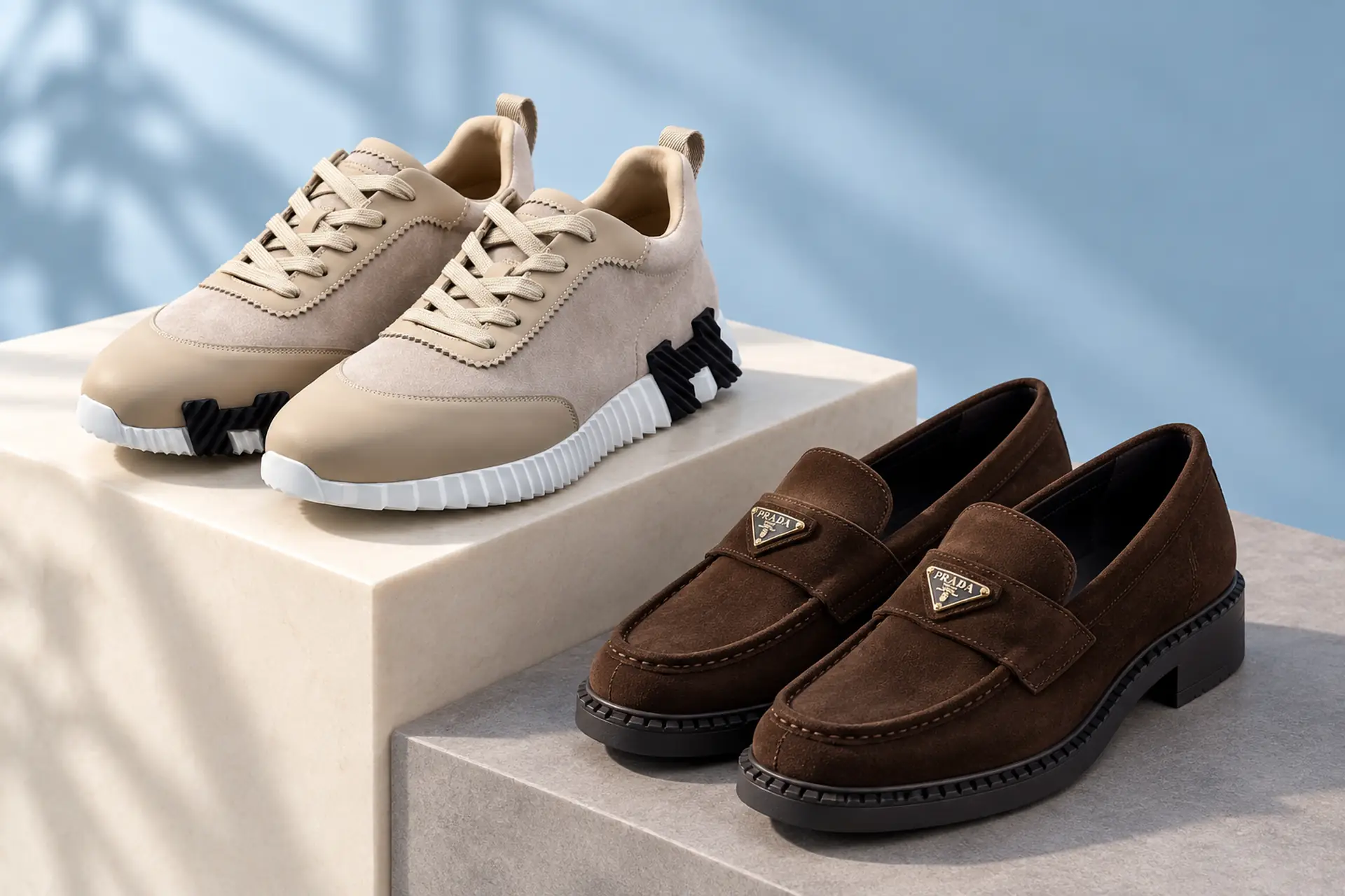 Бежевые кроссовки Hermès Bouncing и коричневые лоферы Prada Chocolate на пастельных подставках — купить брендовую одежду и аксессуары.