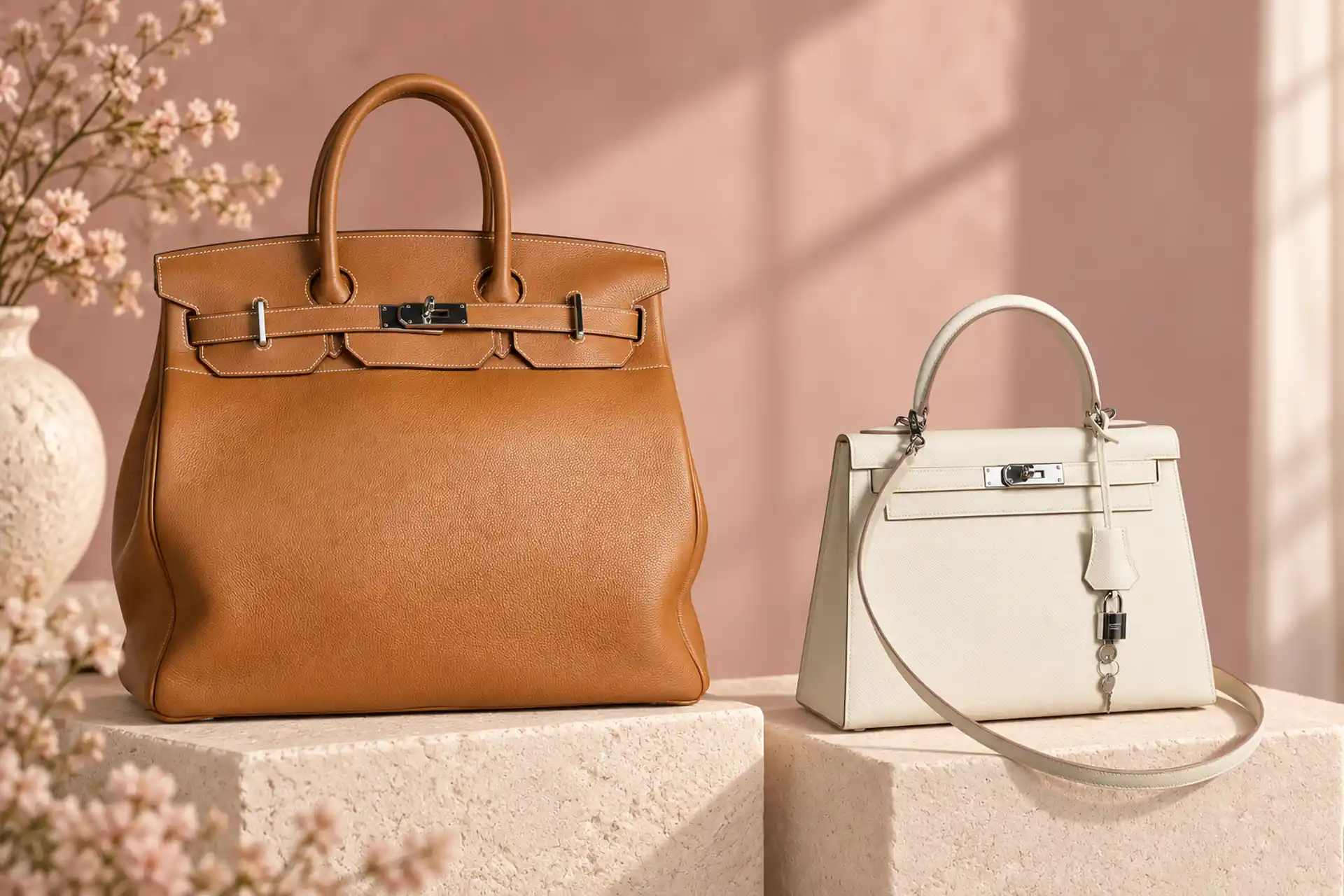 Высокая коричневая Hermès Birkin и кремовая Hermès Kelly на светлых подставках — купить брендовую одежду и аксессуары.