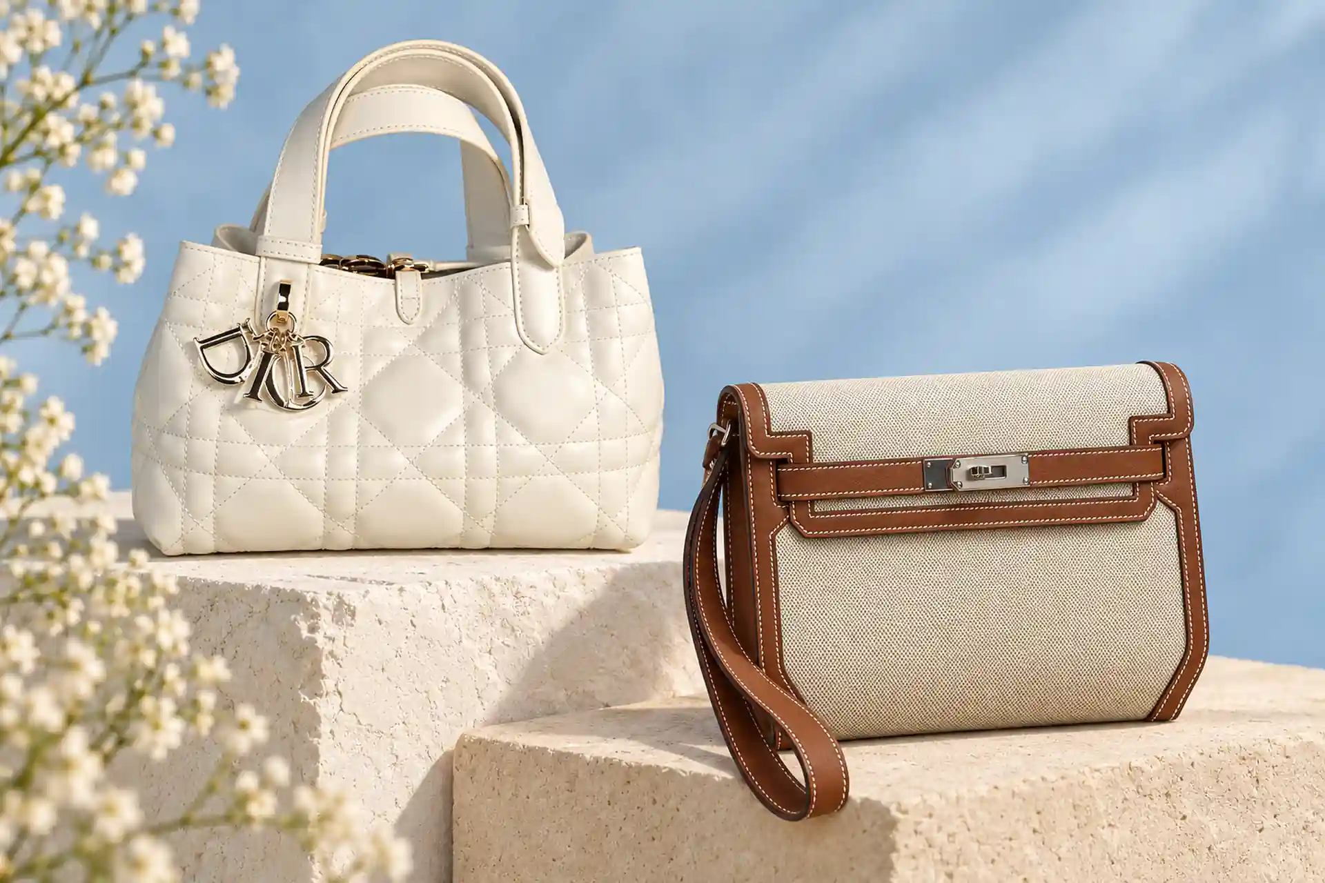 Молочная женская сумка Dior Toujours и бежевая мужская Hermès с коричневой отделкой на светлых подставках — купить брендовую одежду и аксессуары.