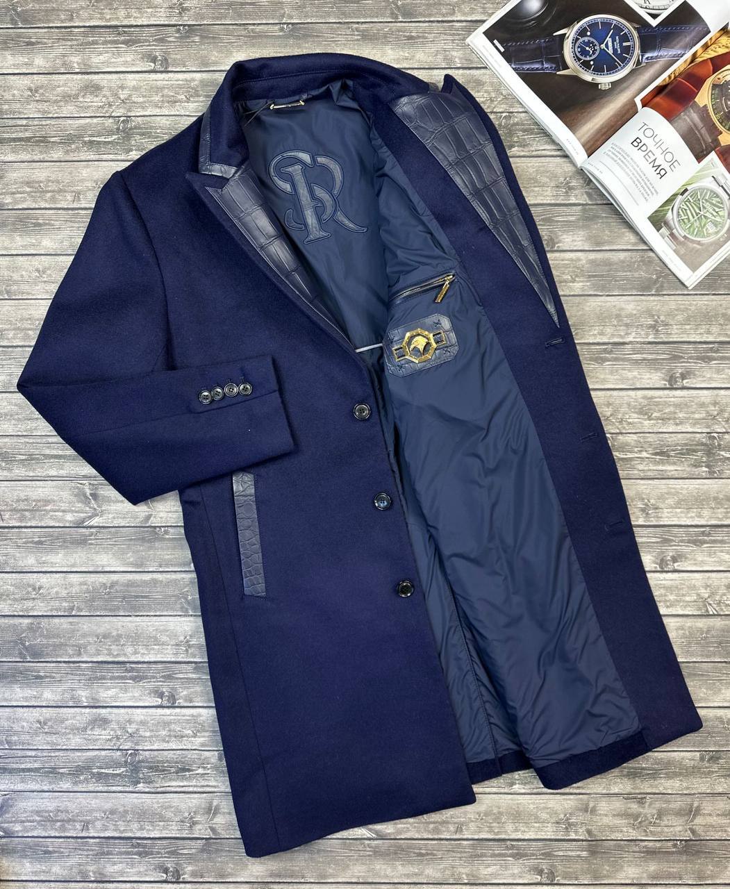 Темно-синее кашемировое пальто с кожаными вставками крокодила Stefano Ricci BP-45349 Темно-синее кашемировое пальто с кожаными вставками крокодила Stefano Ricci BP-45349