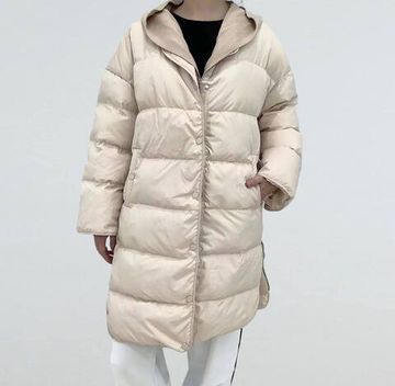 Удлиненный пуховик с капюшоном BC BP-23113 бежевый